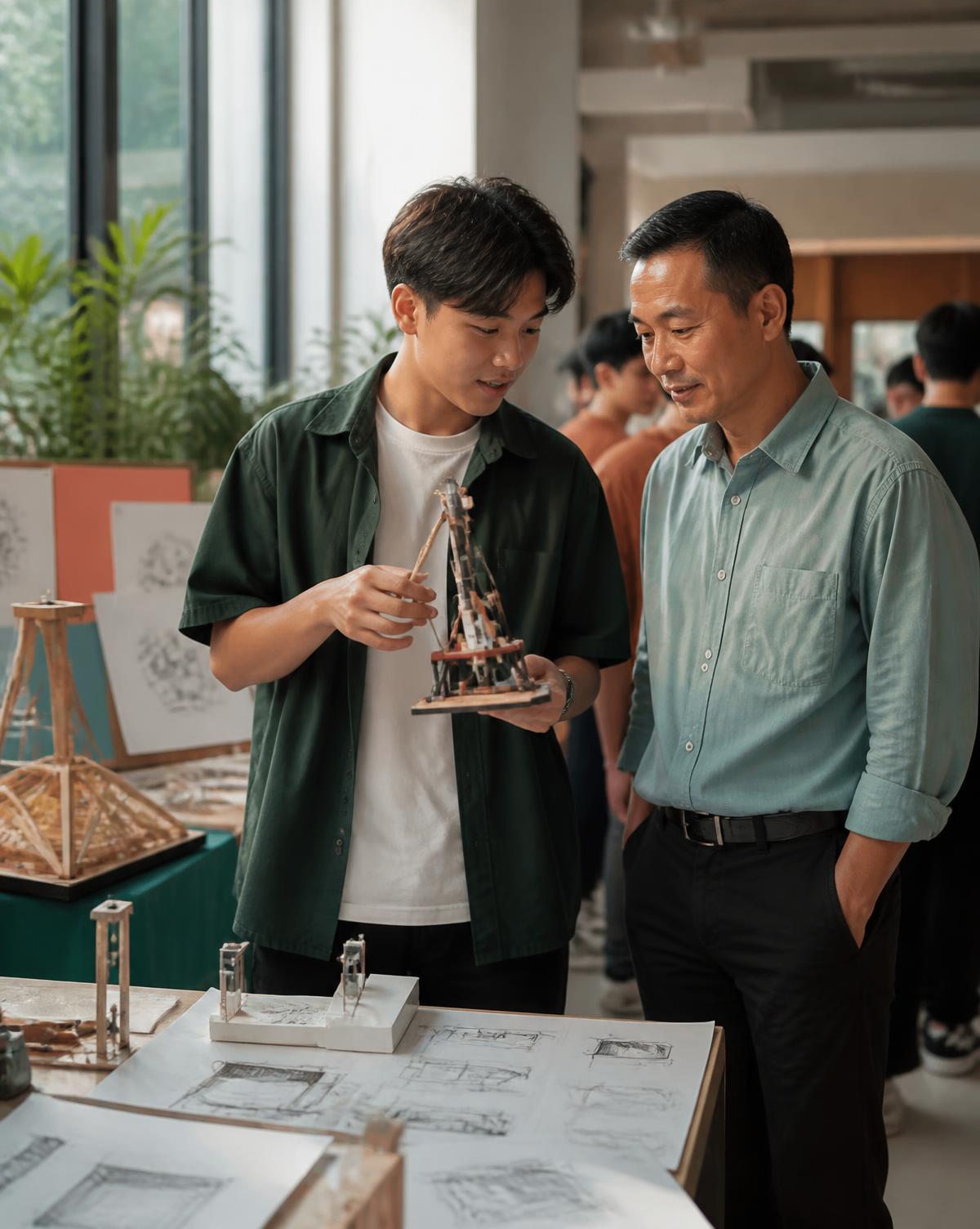 Học sinh cùng cha xem một mô hình do em thực hiện