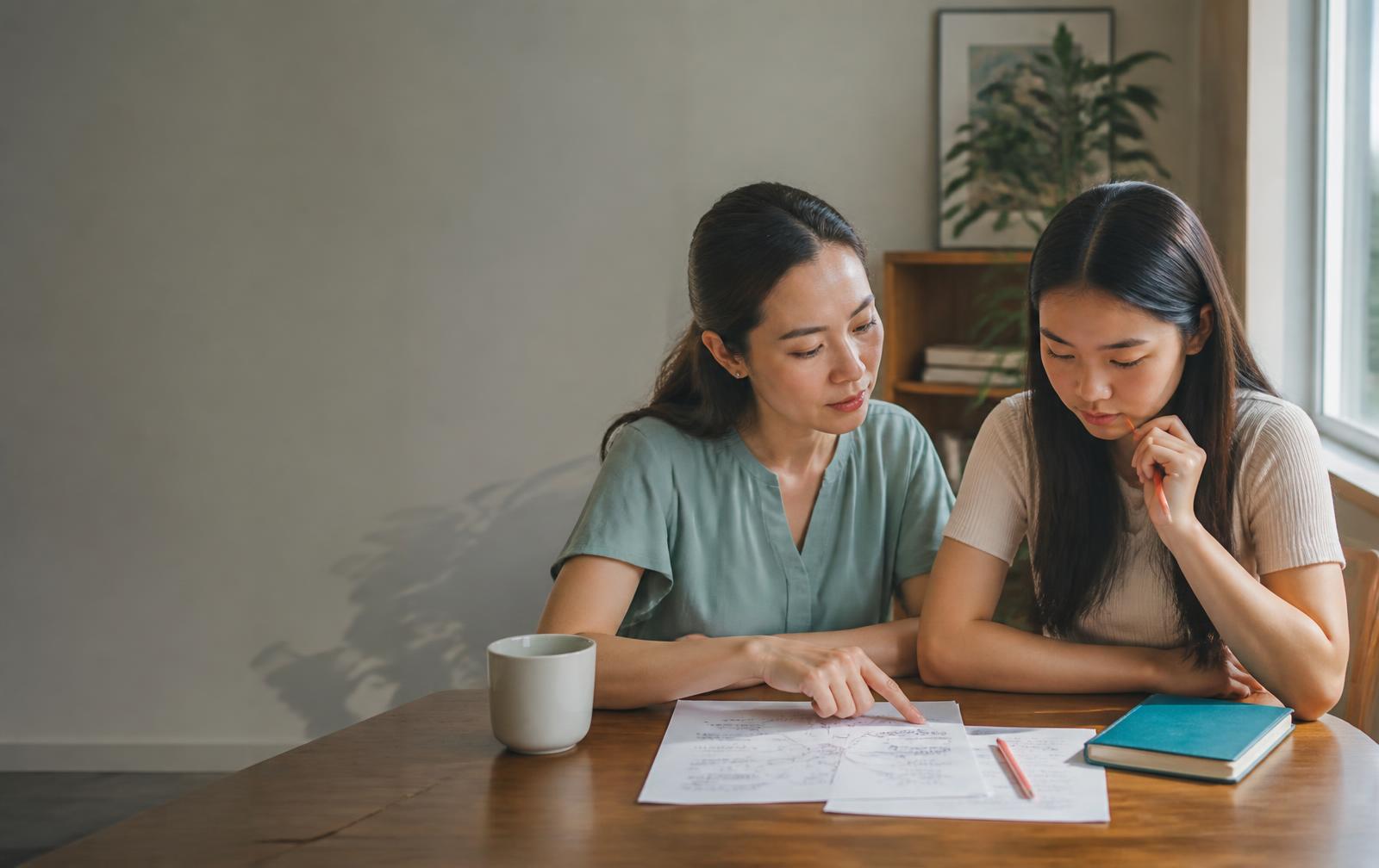 Mẹ và con gái cùng xem lại bản ghi chú hướng nghiệp